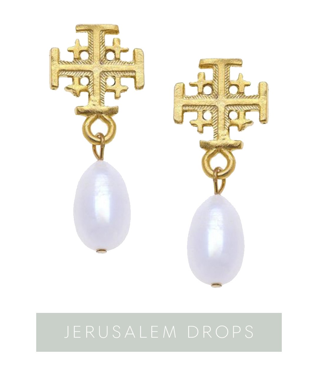 Jerusalem Cross Drop Pearl Earrings